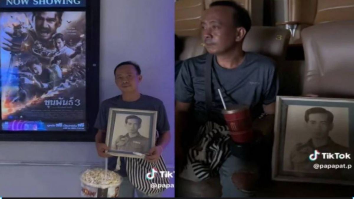 ABANG kepada Tiktoker, Naphat Thongsukdee membawa gambar bapanya bersama ketika menonton filem Khun Phan. FOTO Agensi.