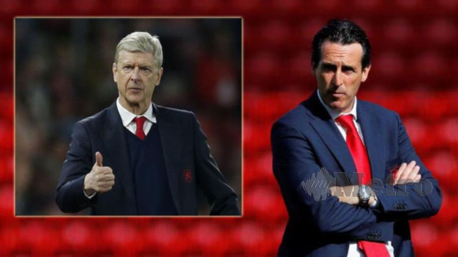 Pengurusan Arsenal anggap Wenger (kiri) lebih menyerlah dari Emery. FOTO REUTERS 