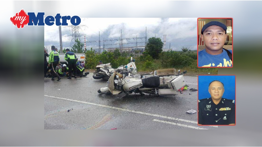 Kemalangan membabitkan lori dan dua motosikal polis yang menyebabkan dua anggota trafik IPD Dungun terkorban. (Gambar atas) L Suresh dan (gambar bawah) Abdul Hakim. 