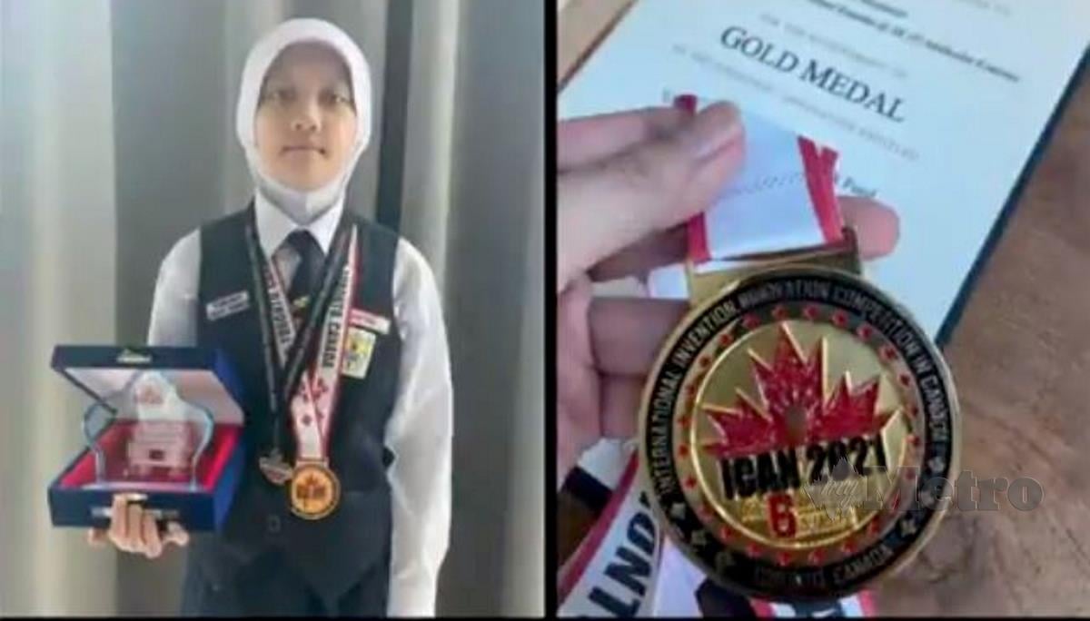 Maryam Muzamir berjaya mengharumkan nama negara selepas meraih tiga pingat emas dalam Pertandingan Inovasi dan Reka Cipta Antarabangsa Kanada ke-6 (iCAN 2021), di Toronto, Kanada, bulan lalu. FOTO ihsan FB