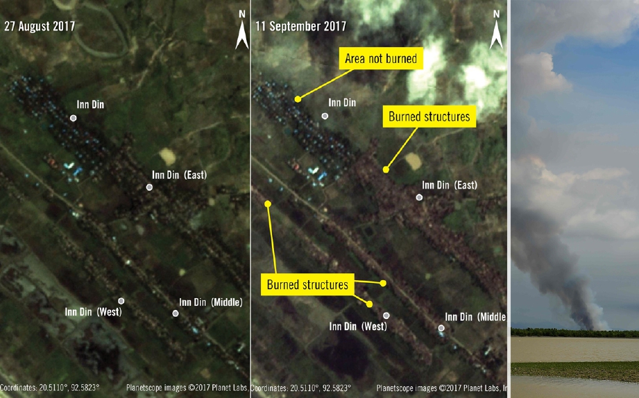 Imej satelit yang disiarkan Amnesty International (ihsan http://www.planet.com) menujukkan kebakaran di perkampungan Inn Din, Myanmar, pada 27 Ogos lalu (kiri) dan pada 11 September (tengah).