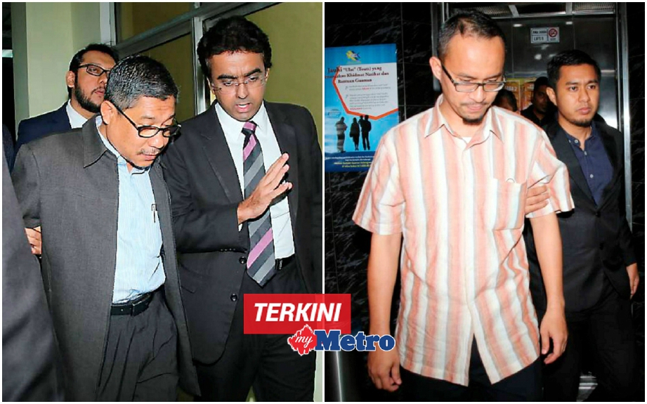 Azman (kiri) dan Mohd Wardi dihadapkan ke Mahkamah Sesyen Butterworth, Pulau Pinang atas tuduhan rasuah. FOTO Amir Irsyad Omar