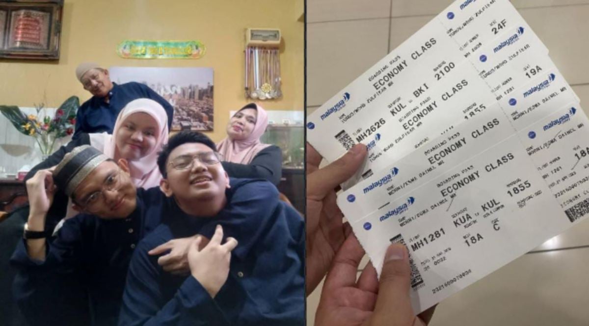 ZULFIKAR (bawah, kiri) seronok dapat pulang ke kampungnya, gembira dapat menyambut Aidilfitri bersama keluarga. Gambar kiri, tiket yang ditaja. FOTO Ihsan pembaca.