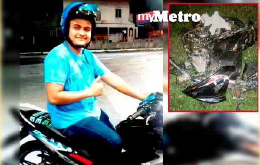 Zulhaq Mohd Ghauth, 20, yang maut selepas terbabit dalam kemalangan di Kilometer 6, Jalan Bahau-Juasseh, berhampiran Kampung Kuala Jempol, awal pagi tadi. Gambar kecil keadaan motosikalnya yang remuk. - FotoAMRAN YAHYA